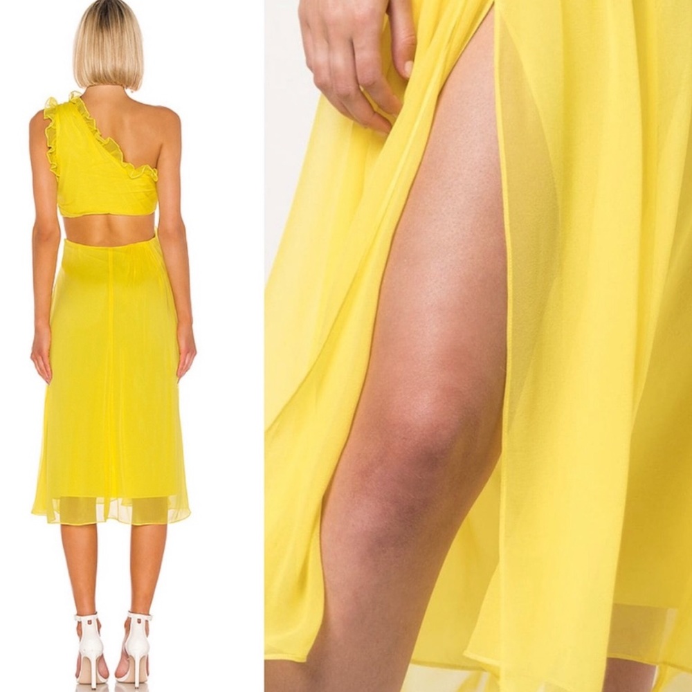 Cinq a Sept Corrine Yellow One Shoulder midi Dress - Picture 3 of 9